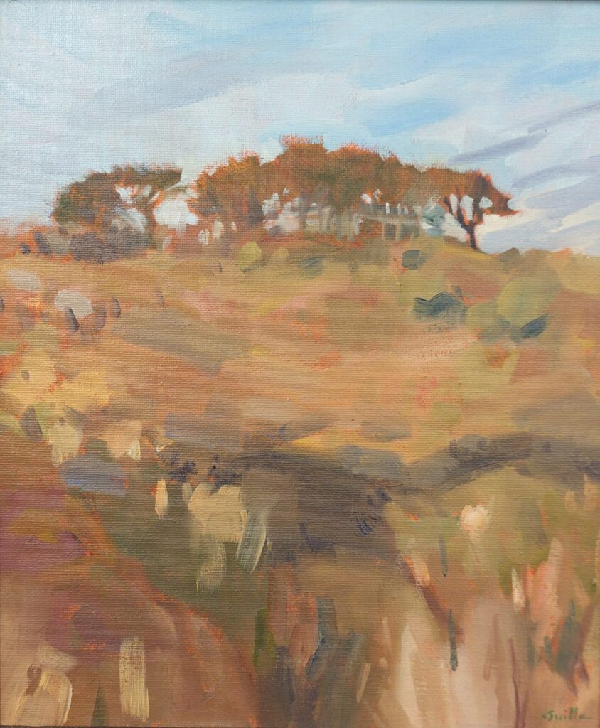 oil painting of trees at Saints Bay cliffs by Rosanne Guille capturing the last light of the day.