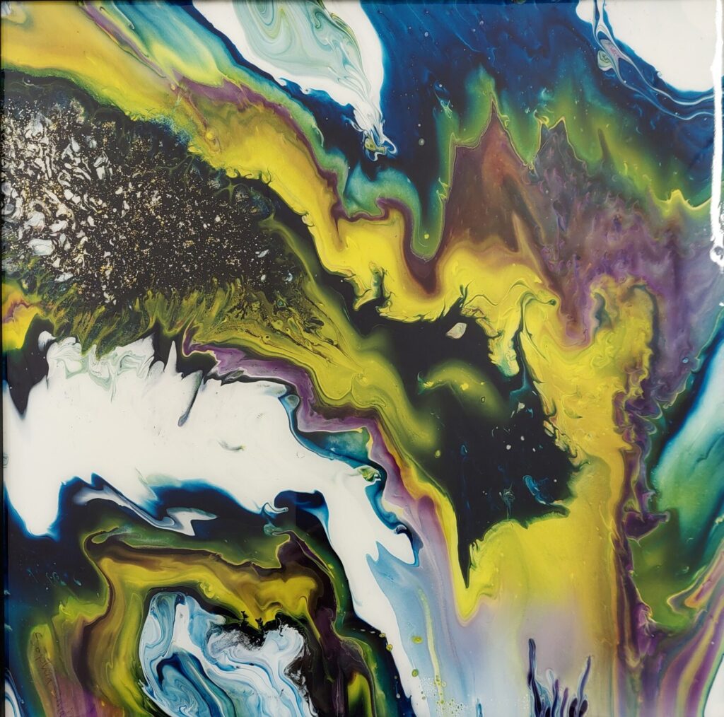 An Acrylic Pour abstract painting by Sophia Smith, based on the Aurora Borealis or Northern Lights. An abstract, colourful painting.