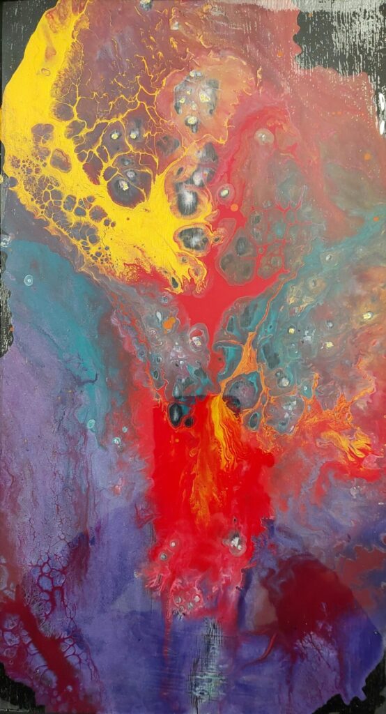 an abstract acrylic pour painting by Sophia Smith, titled Out of Africa. It has a high gloss finish and is brightly coloured.