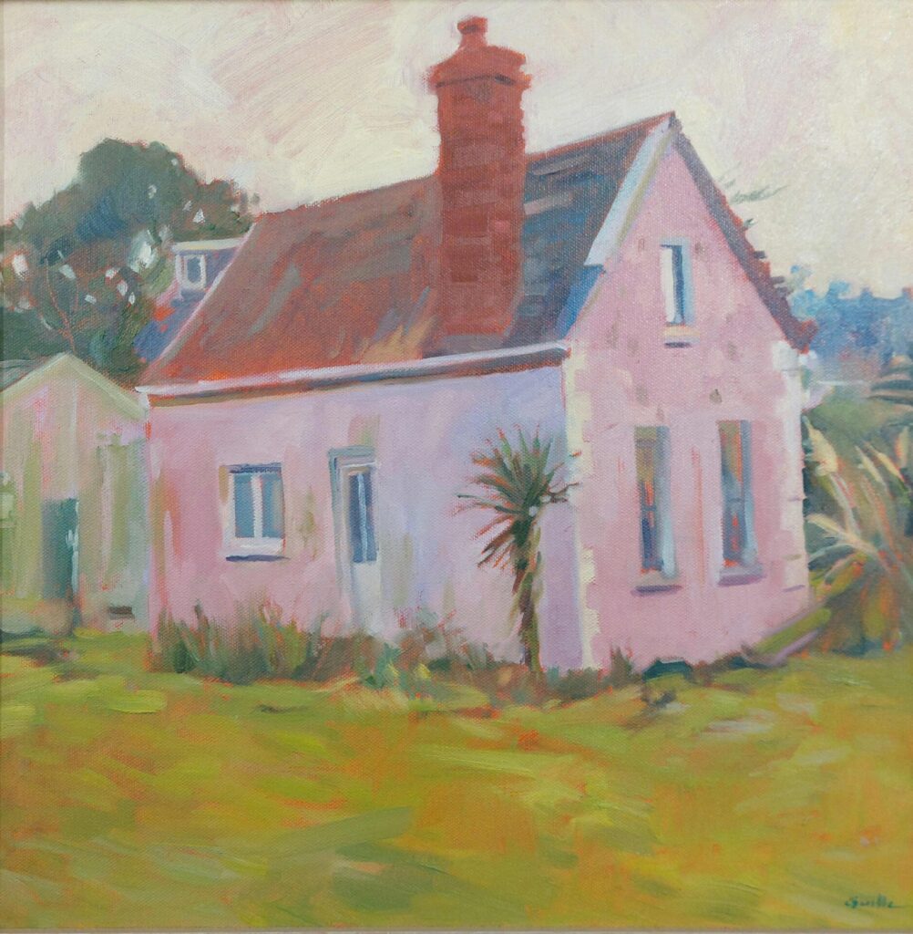 An oil painting of an old pink cottage situated just back from the sea wall at Rocquaine. The house is earmarked for demolition.
