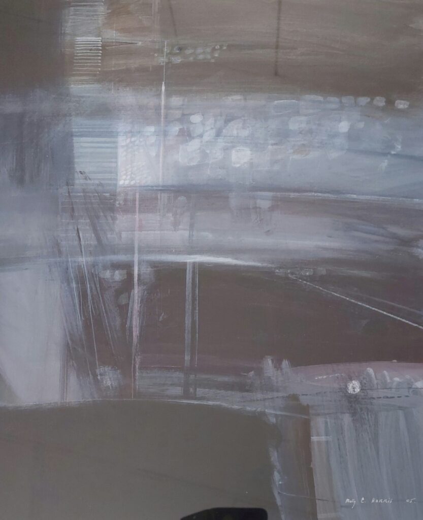an acrylic abstract painting of the Breakwater, Guernsey, by Molly Harris. The painting has very dark colours and grey highlights.