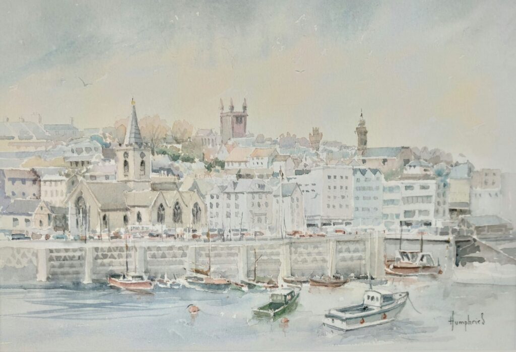 a beautiful loose watercolour of St Peter Port Harbour by Humphries, painted from the sea, looking toward the town church. You can see the iconic St. James and Elizabeth College buildings in the background.