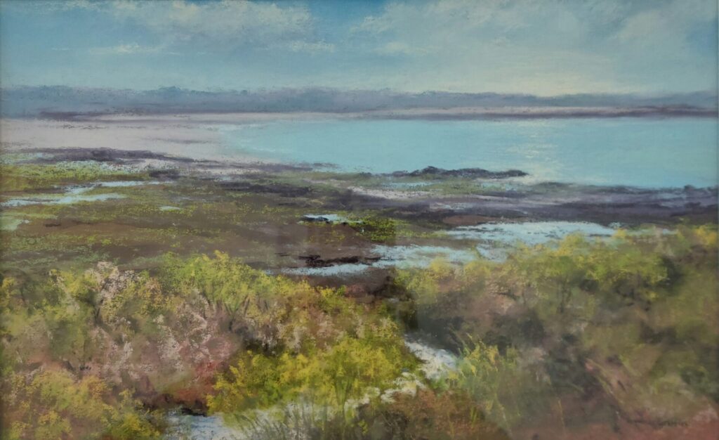 an original pastel painting of Vazon, Guernsey , looking across the bay, with greenery in the foreground and beautiful blue sky and sea, set at low tide.