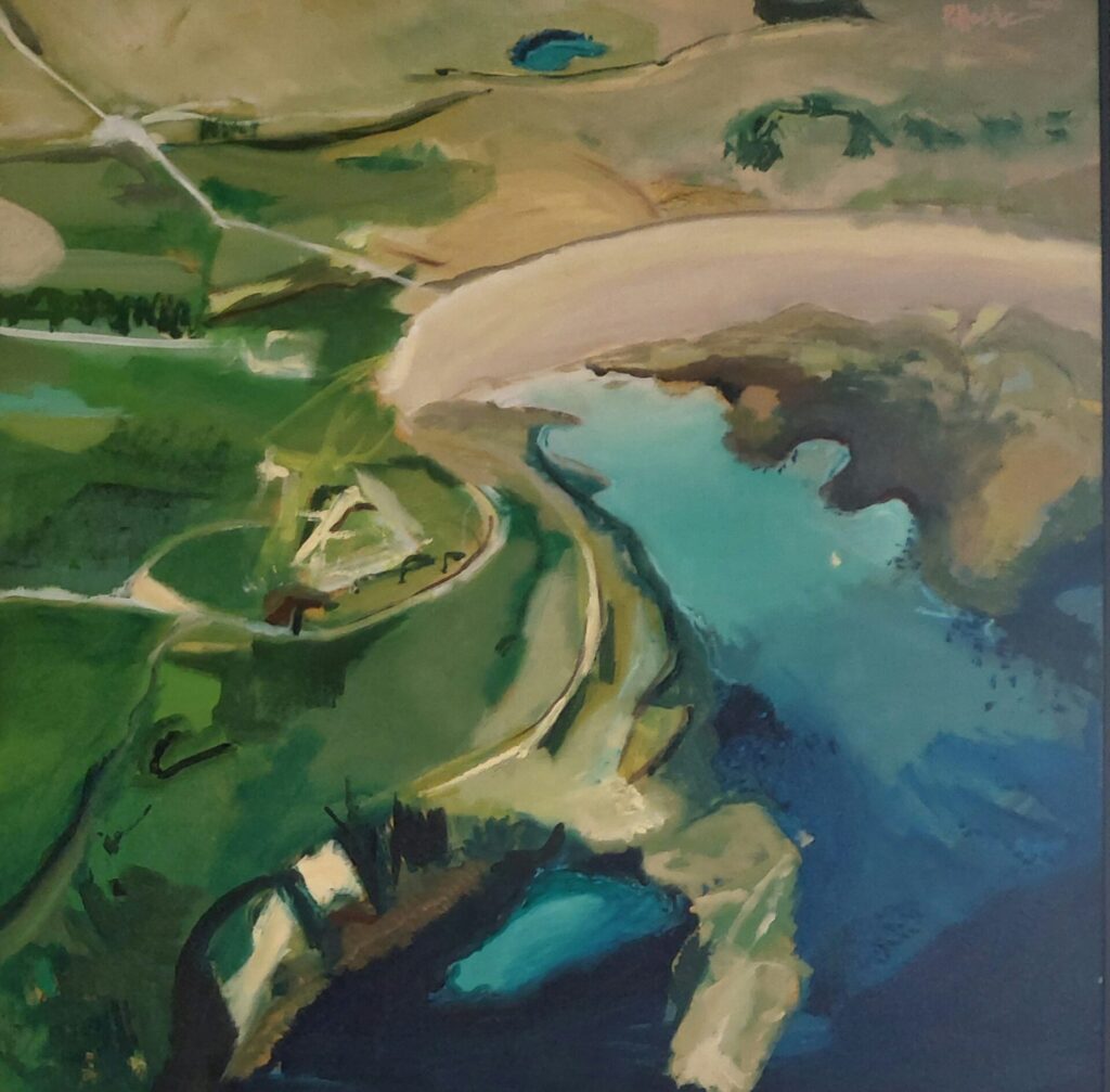 An oil painting by Bozena Pollock, looking down on Alderney's coast. This is a large painting in Bozena's vibrant, modern style.