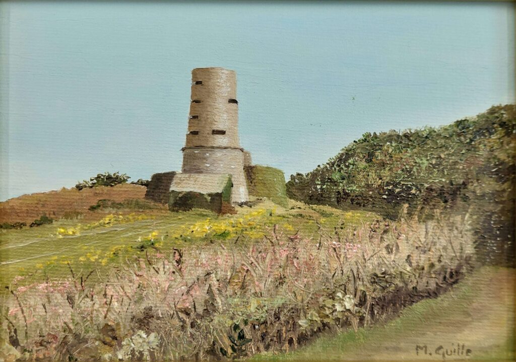 Looking up to Fort Sausmarez tower across the common with hedgerow. Yellow flowers in the grass. This is a lovely small oil painting in a traditional wooden frame by Mavis Guille.