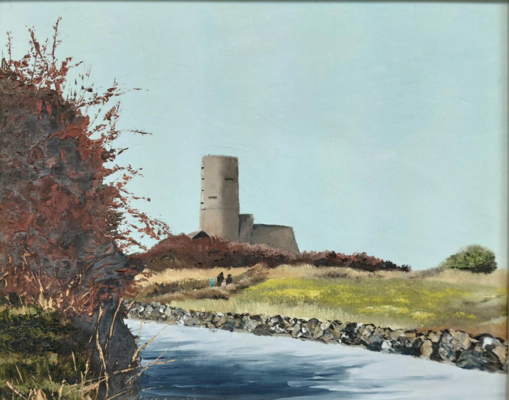 Looking up the road towards Fort Sausmares, this oil painting also has people walking up towards the the tower, through a little path.