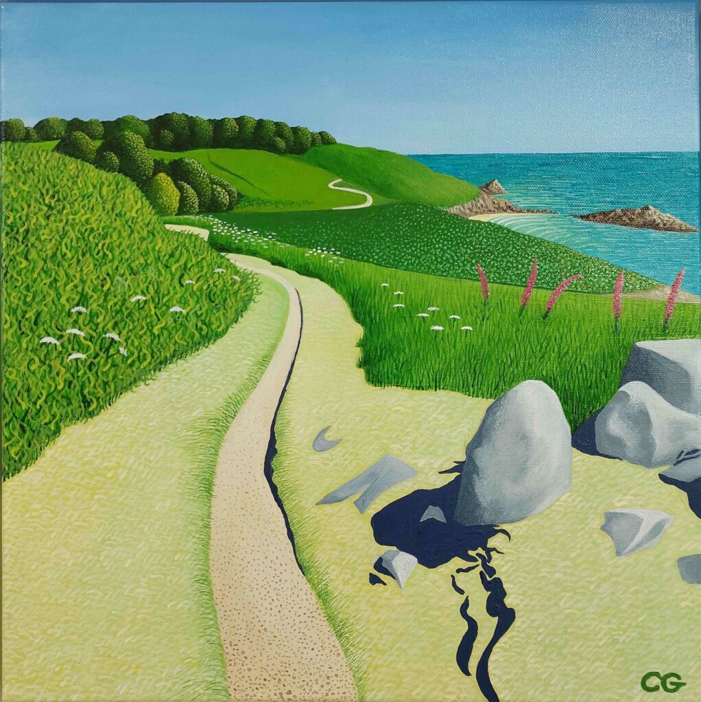 vibrant colours with lots of colourful green grass and sandy pathway on the Herm cliffs, the acrylic painting has some gorgeous turquoise sea and beach.