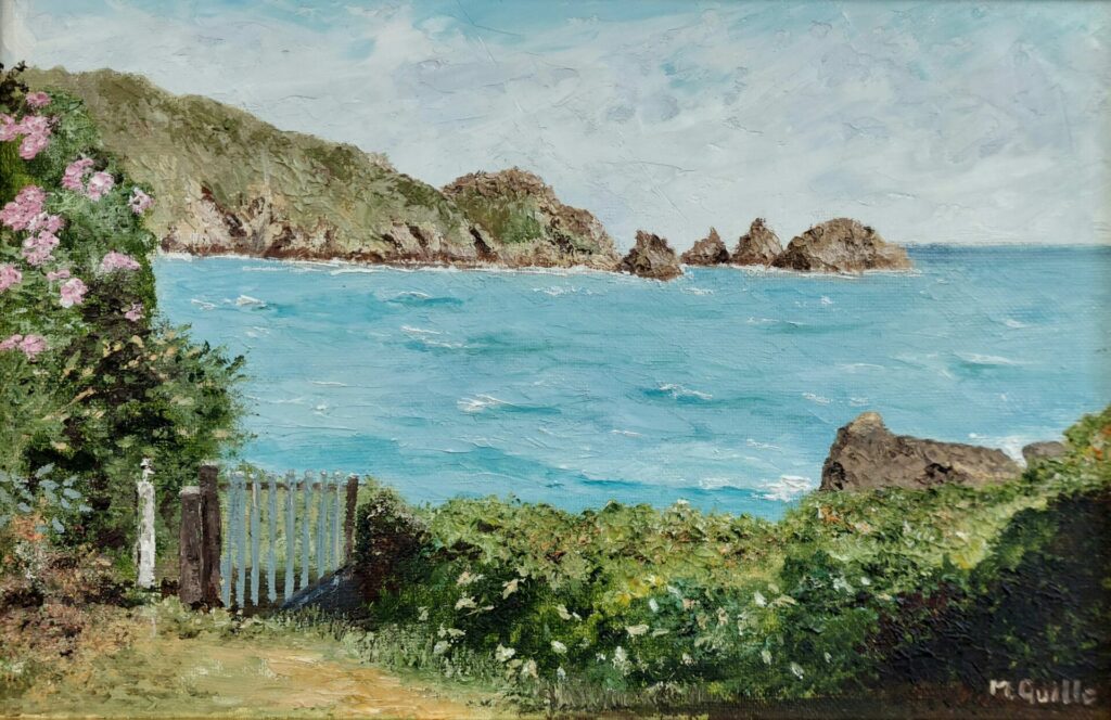 a beautiful oil painting looking through the gate-way at Moulin Huet, looking to the sea, with the Pea Stacks in view.