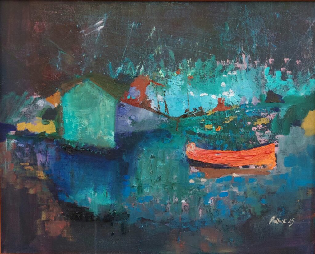 Abstract oil painting titled "Red Boat" by Bozena Pollock, featuring a bold red boat against a navy background with teal accents, suggesting a harbour and building. Framed in a modern gold frame, 460mm x 560mm.