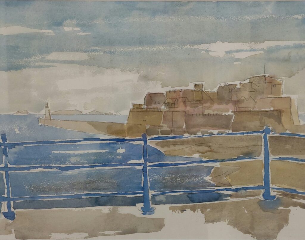 Watercolour painting titled 'Castle Cornet' by Tom Cross, showing Castle Cornet with Guernsey’s distinctive blue railings in the foreground and St Peter Port lighthouse visible in the distance. Framed artwork, 430mm x 530mm, priced at £600.