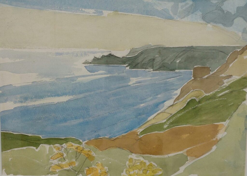 A watercolour painting by Tom Cross taken from Icart Point, towards Saints Bay. The frame is white and the outside dimensions are 415x510mm.