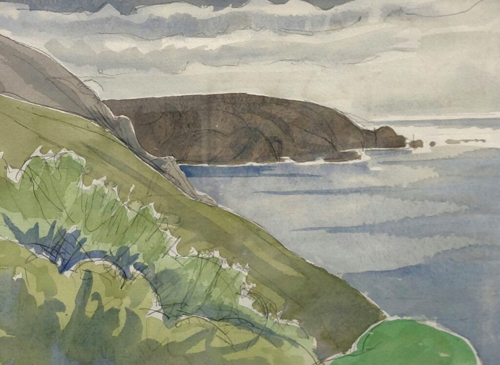 Watercolour painting by Tom Cross titled "Jerbourg Point, Moulin Huet Bay" showing the rugged cliffs and coastline of Guernsey. Framed artwork, 430x530mm, priced at £550.