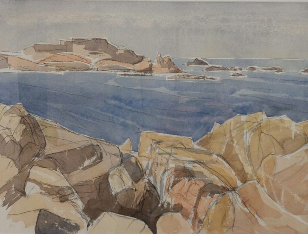 Watercolour seascape by Tom Cross (1998), with rocky shore and Grande Rocque Battery in the distance.