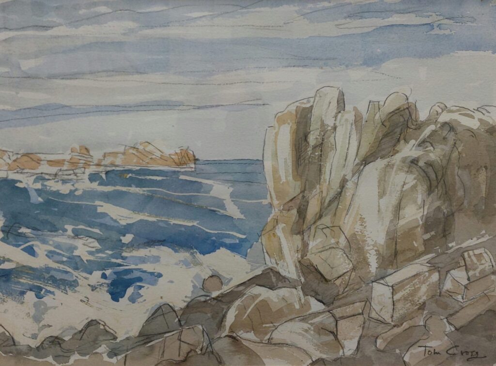 Watercolour by Tom Cross (1998) showing large coastal rocks and sea at Saline Bay, Guernsey.