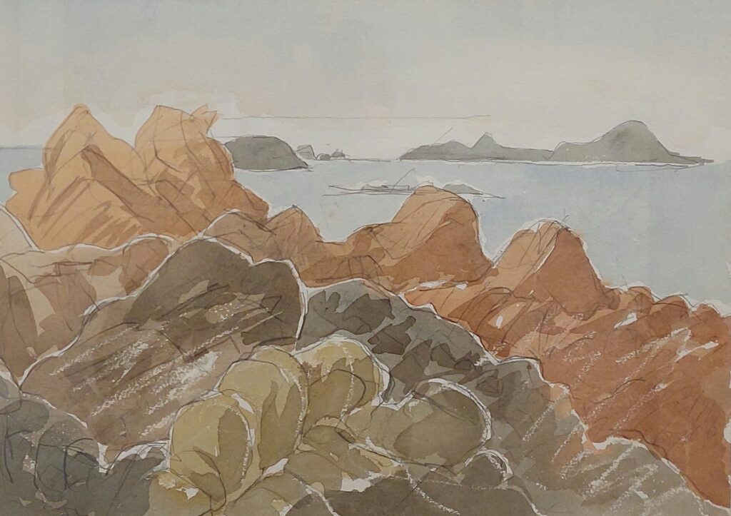 An expressive watercolour of Lihou Island by Tom Cross, featuring large granite rocks in the foreground.