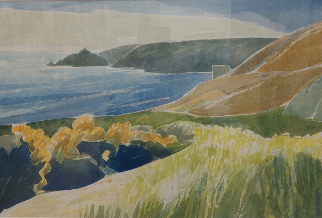 Watercolour painting of Saints Bay by Tom Cross, with yellow gorse flowers in the foreground and cliffs overlooking the sea.