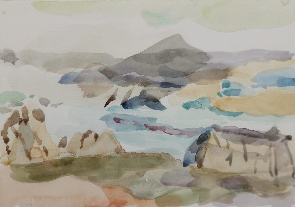 Abstract watercolour painting of Moulin Huet by Karen Haworth, with expressive brush strokes suggesting the coastal landscape – framed size 260 x 320mm.