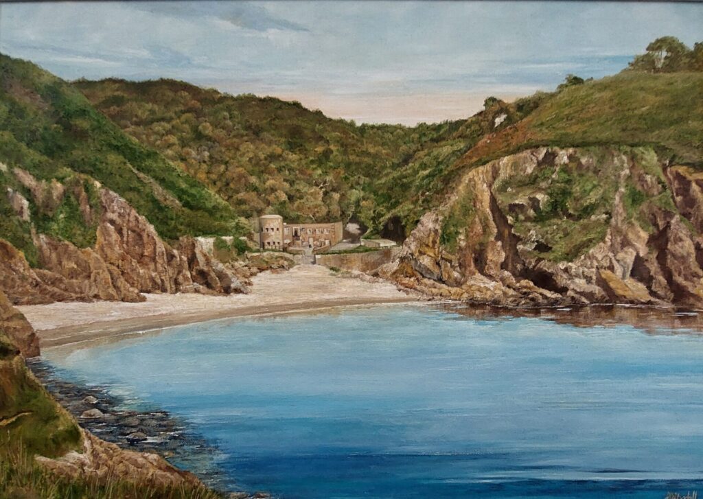 Oil painting of Petit Bot by Florence Dibsdall, featuring deep blue sea in the foreground, sandy beach, historic tower, and cliffs in the background – framed size 695 x 945mm.