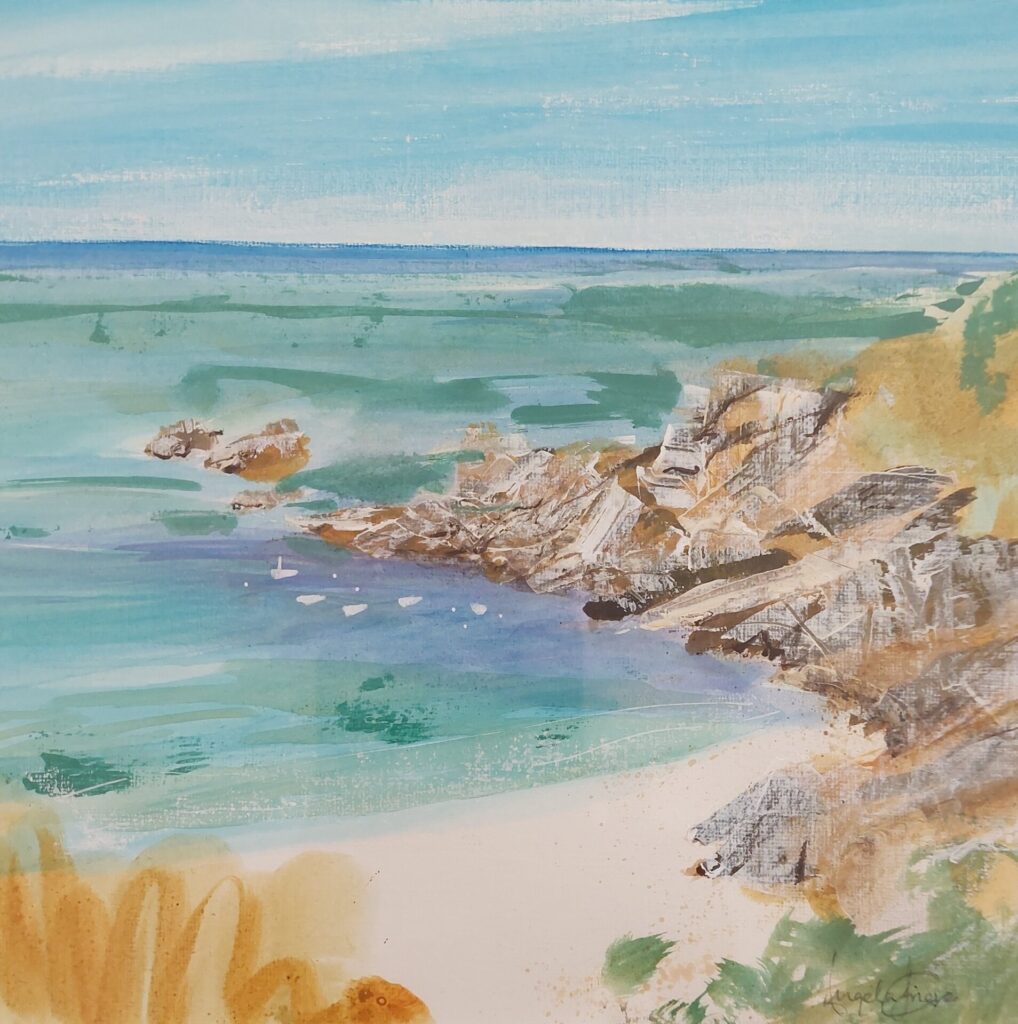 Textured acrylic painting of Saints Bay by Angela Grieve, featuring white sand, blue skies, and cliffs painted with palette knife detail; small boats visible in the bay, framed size 335x335mm.