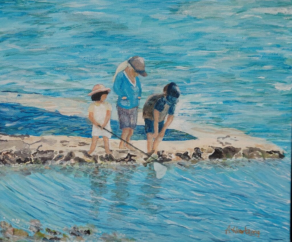 Two children and an adult stand on a pier wall, peering into the shallow summer sea with a fishing net in hand; painted in acrylic by Ariana Heartsong.