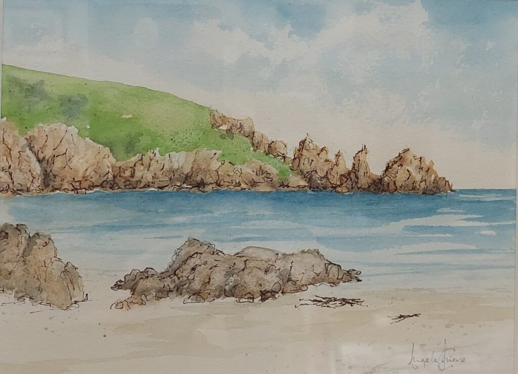 Delicate watercolour painting of Guernsey’s Pea Stacks by Angela Grieve, with soft sandy foreground and distant coastal rock formations.