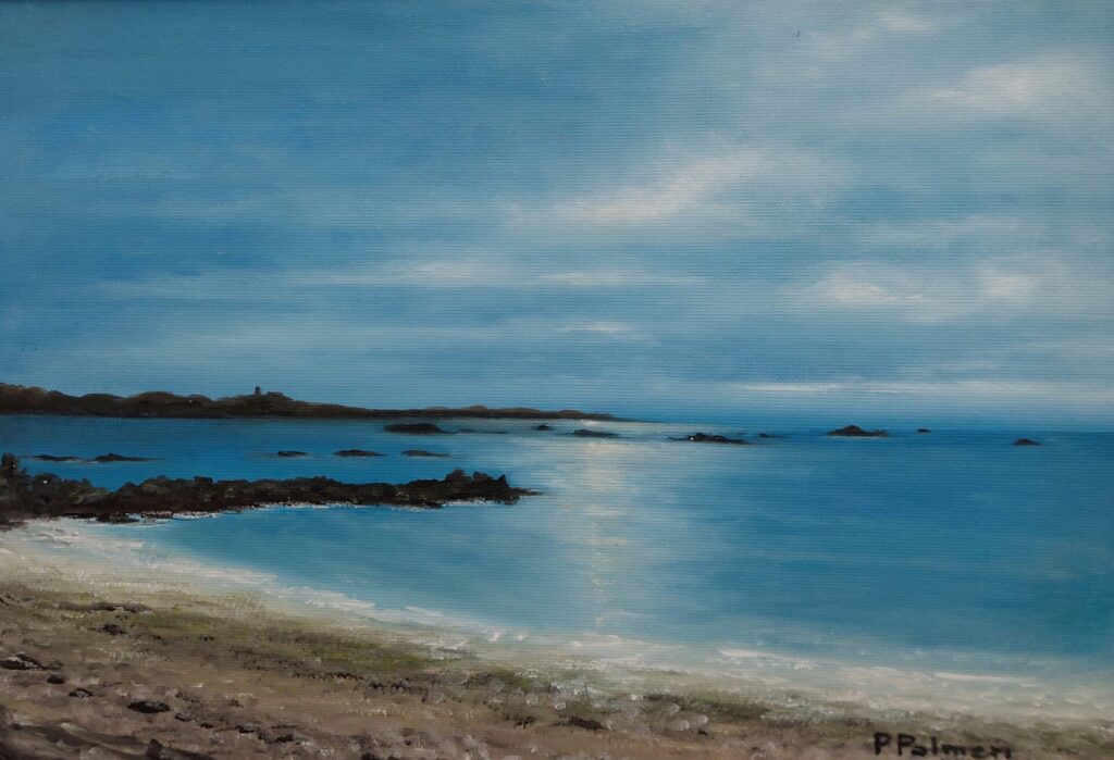 A coastal oil painting of Vazon Beach by Petra Palmeri, featuring blue skies, sunlight reflecting on water and wet sand, with a distant loophole tower on the horizon.