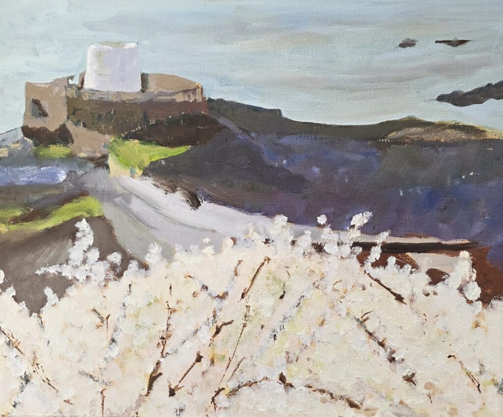 Oil painting of blooming blackthorn branches in the foreground, with Fort Grey—nicknamed the Cup and Saucer—set against a sea backdrop on the coast of Guernsey. Framed artwork by Deb Soper.
