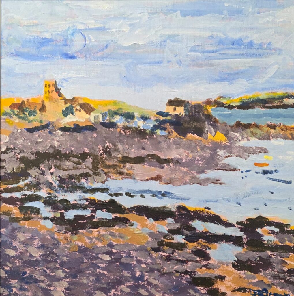 Oil painting of Rousse Loophole Tower and the nearby kiosk bathed in golden evening light, with a rocky shoreline, sandy textures, gentle sea, and small boats in the harbour. Framed artwork by Deb Soper.