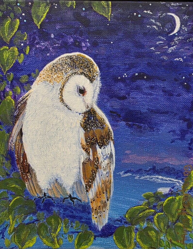 Acrylic painting of a barn owl perched in a tree under a dark blue and purple night sky, with a crescent moon and scattered stars. The owl looks downward, framed by the soft glow of the moonlight. "Barn Owl of Rocquaine Bay" by Ariana Heartsong, 290x240mm (framed).