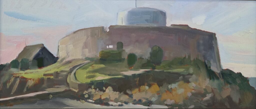 Oil painting of Fort Grey in Rocquaine Bay, Guernsey, by artist Rosanne Guille. The fort, also known as the Cup and Saucer, is depicted from a roadside view, framed by sea and sky. No road is visible in the artwork.