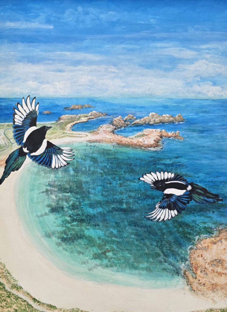 Two magpies flying above Port Soif Bay with white sand, turquoise sea, and a bright blue sky in acrylic painting