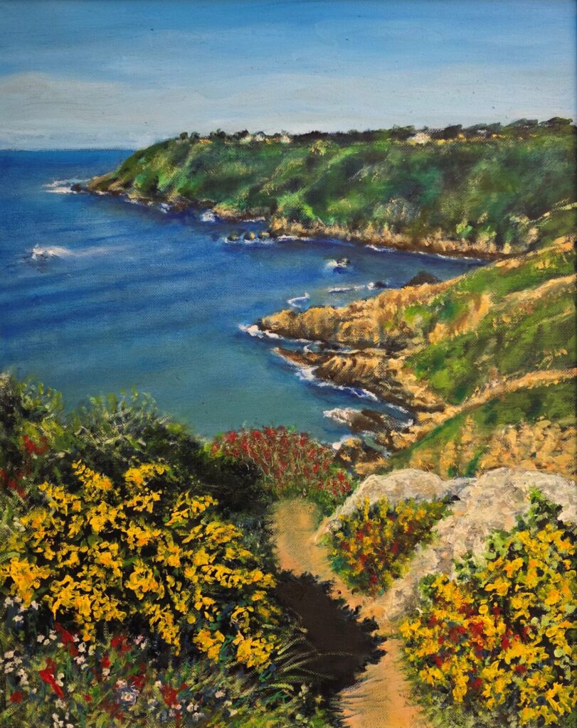 Oil painting of a coastal cliff path lined with yellow gorse and scattered red flowers, leading towards distant cliffs under a bold blue sea and sky. Titled Petit Port by Elizabeth Adams, oil on canvas, 555 x 460mm framed.