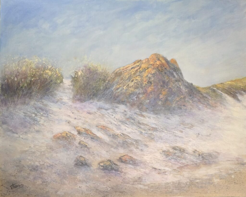Dunes 2 Softly coloured oil painting of a coastal sand dune under a clear blue sky, with textured beach grasses on a still Summers day. Artwork by Valerie Travers, titled “Dunes 2”.