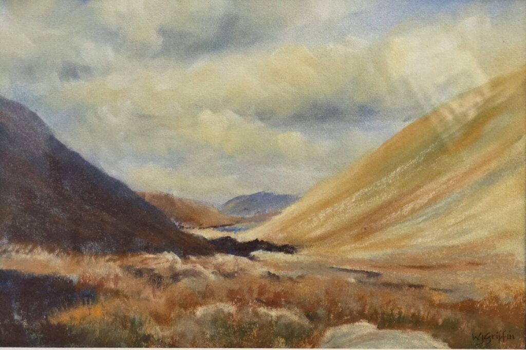 Pastel artwork titled ‘Honister Pass, Cumbria’ by Wendy Griffin, depicting a dramatic mountain landscape with layered textures and natural tones. Framed, 330x420mm, available for £160.