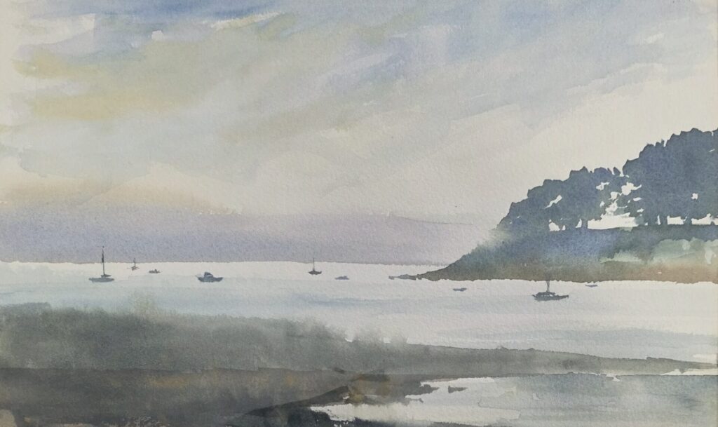 St. Just Creek, Cornwall Watercolour titled ‘St. Just Creek, Cornwall’ by Wendy Griffin, featuring a quiet creek scene with distant trees and boats on the water. Soft, minimal use of colour. Mounted only, 255x355mm. £60.