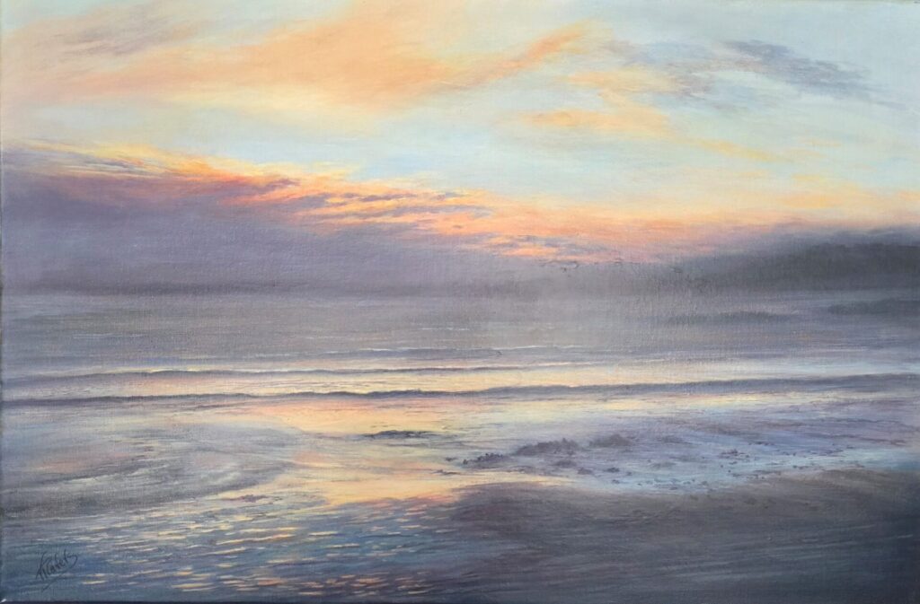 Sunset Oil painting of a calm sandy beach at sunset by Valerie Travers, featuring dark blues and purples with reflections of pale blue and salmon pink sky in the wet sand.