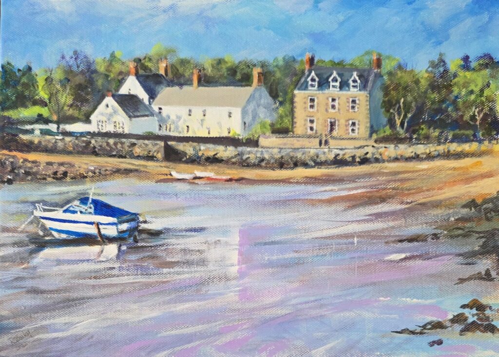 Bordeaux Harbour Acrylic painting of Bordeaux Harbour in Guernsey by Roger Bailey, showing sunlight on coastal houses and a small boat in the calm bay, viewed from the sea.