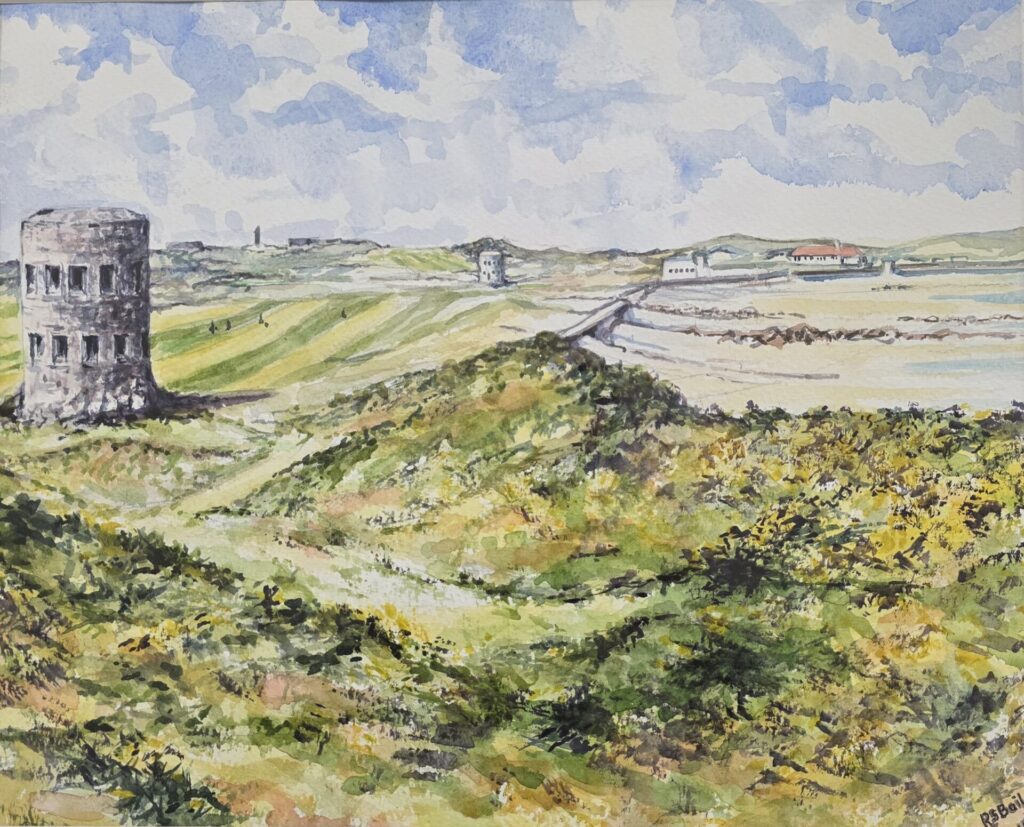 Pembroke Bay & L'Ancress Golf Club Watercolour painting looking across the common toward L’Ancresse Bay in Guernsey, showing two loophole towers and the surrounding landscape.