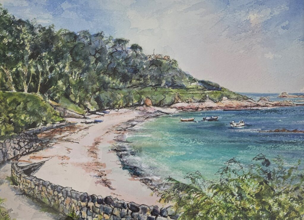 Portelet Bay Watercolour painting of Portelet Bay viewed from a slipway, with three boats in the water and several more resting on the sandy beach.