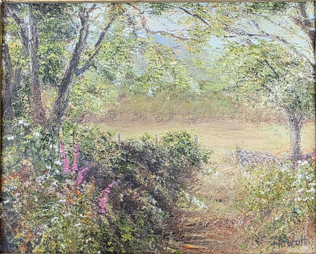 Talbot Valley (96) oil painting by Florence Roulbottom, looking down the end of a path, with Foxgloves, trees, a field ahead and other natural hedgerows